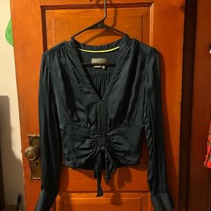 Anthropologie Navy Blue Ruched Satin Blouse